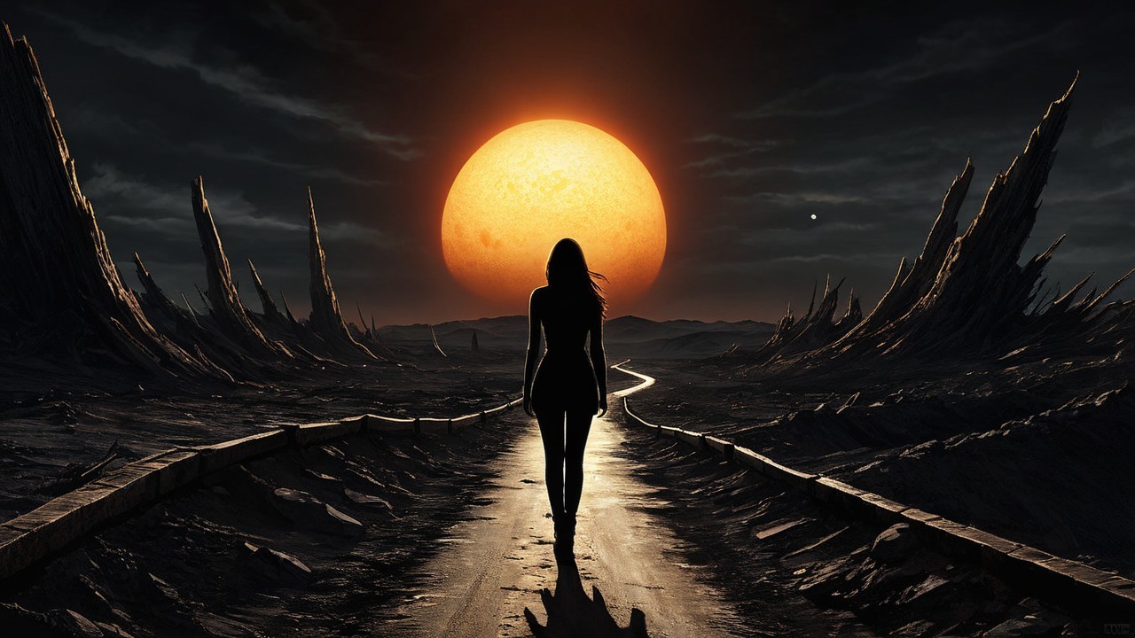 Silhouetted Figure on Winding Path in Desolate Landscape