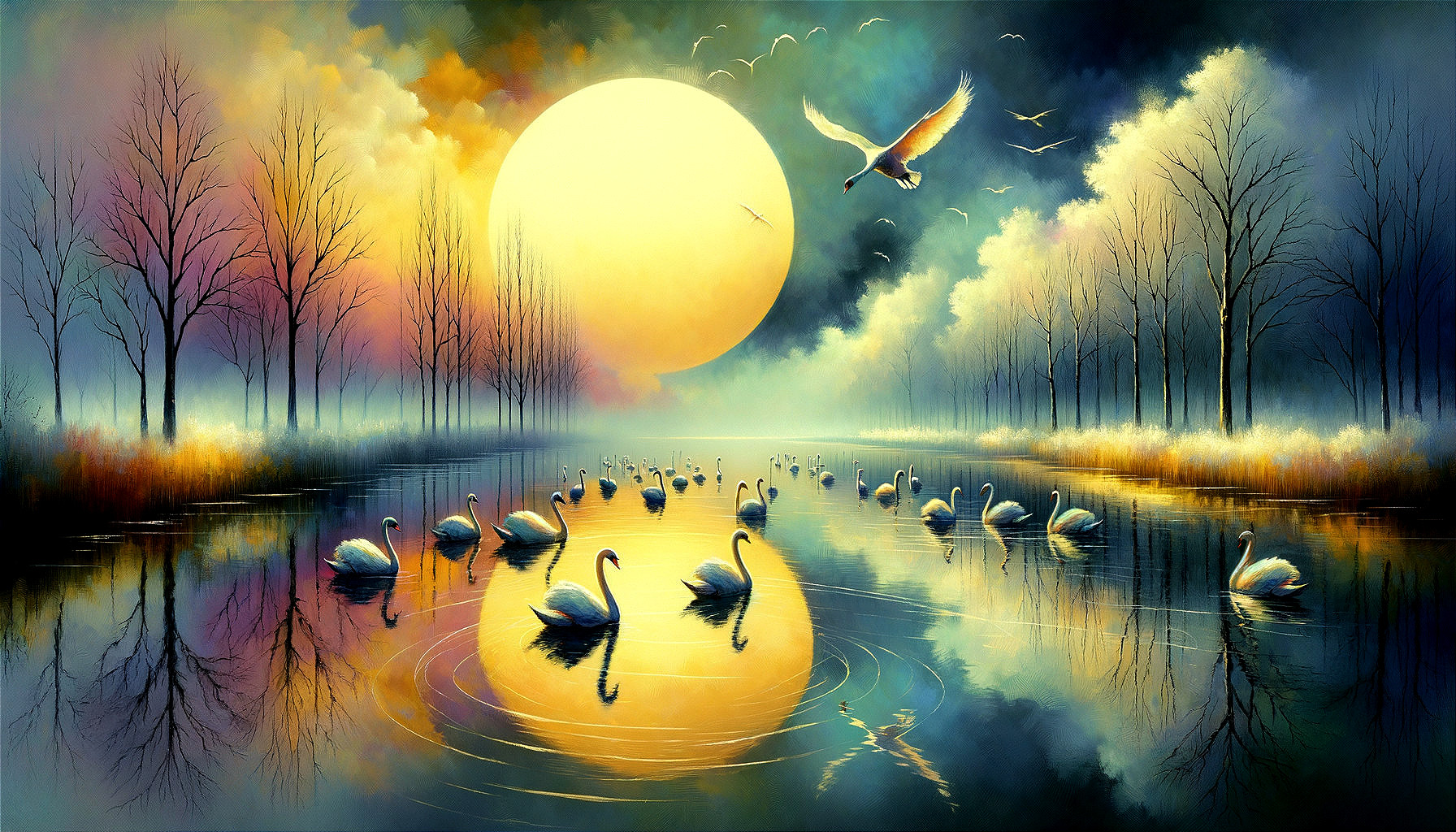 Serene Sunset Landscape with Swans and Tranquil Lake