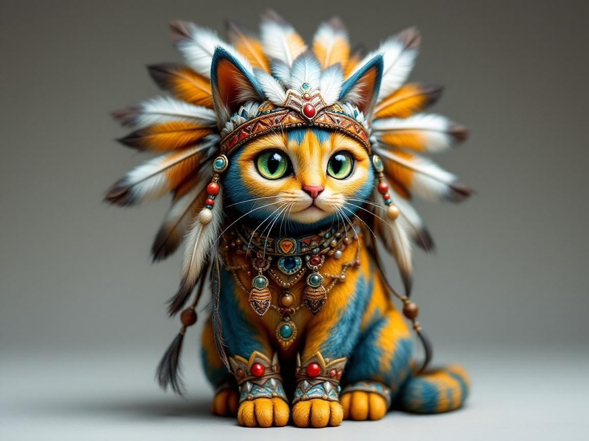 Vibrant Cat with Feather Headdress and Jewelry