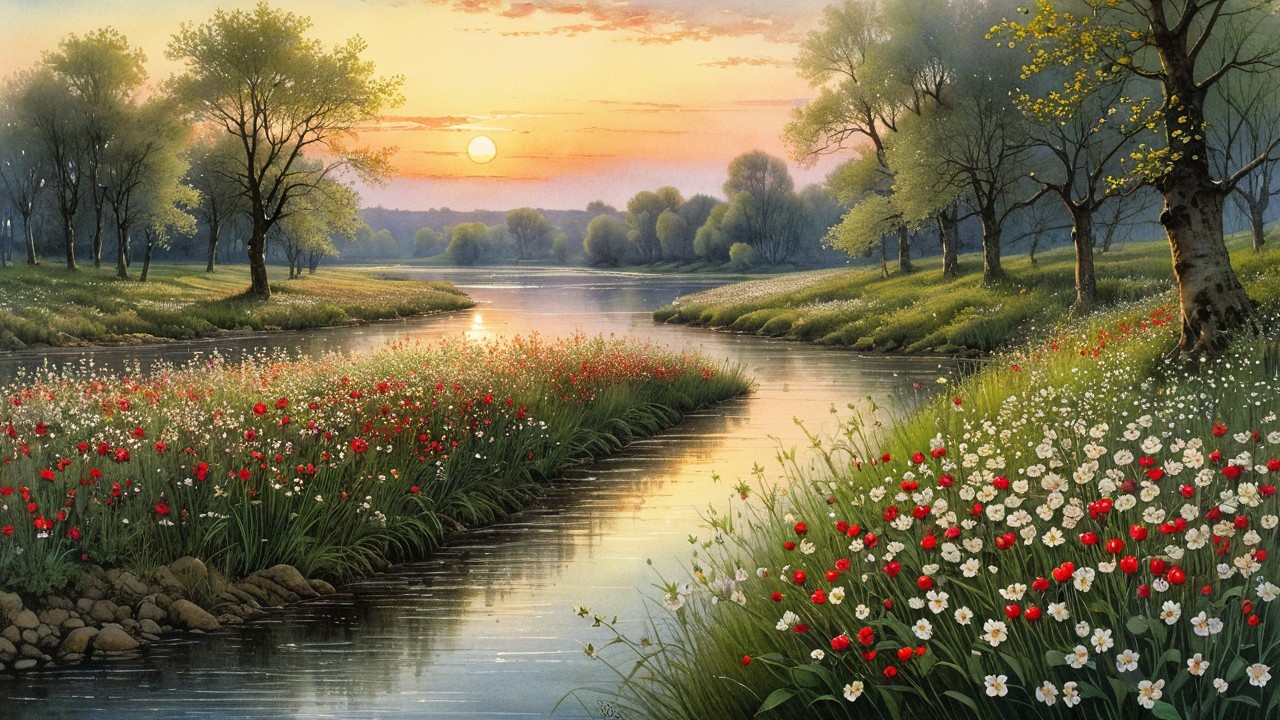 Serene Sunset Landscape with River and Flower Meadows