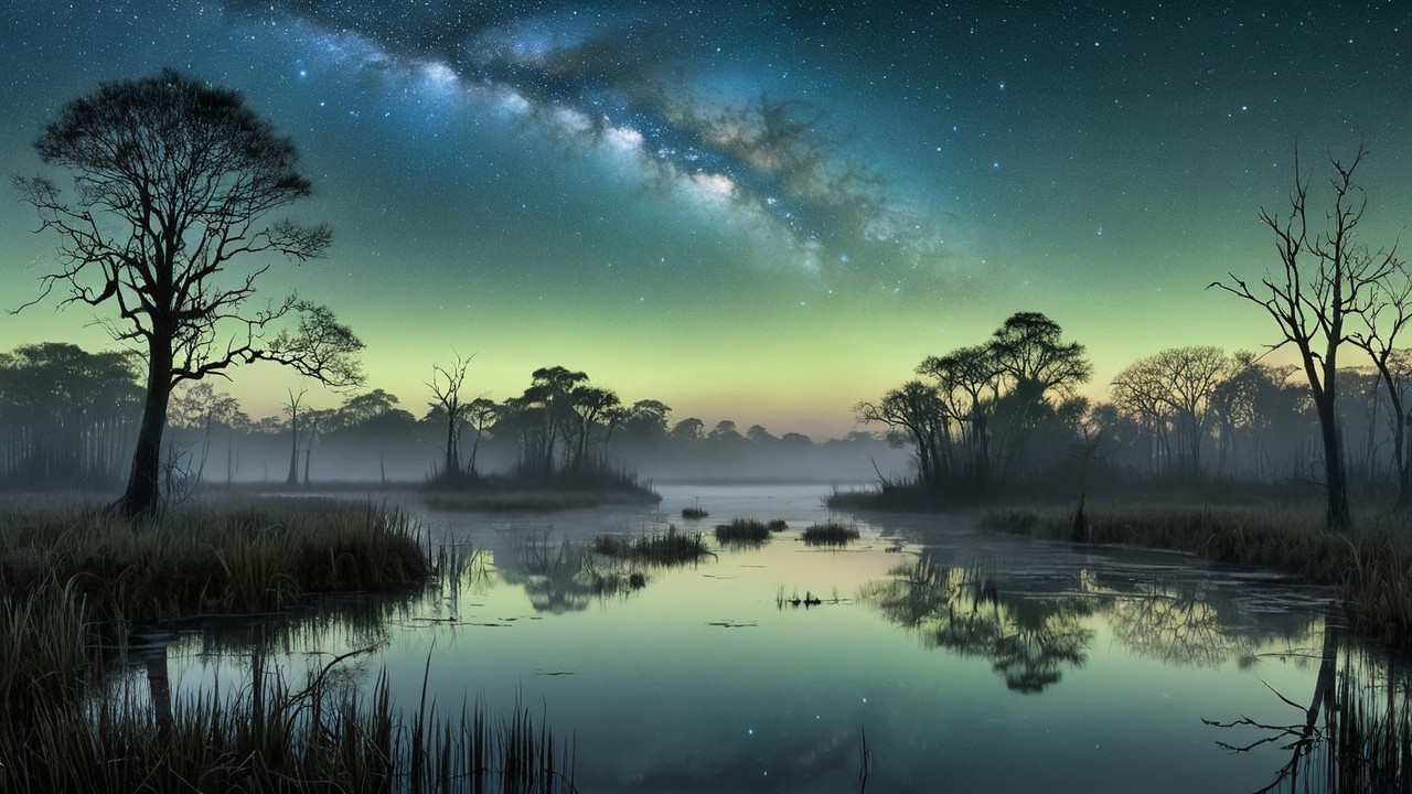 Panoramic Nighttime Landscape with Reflective Water