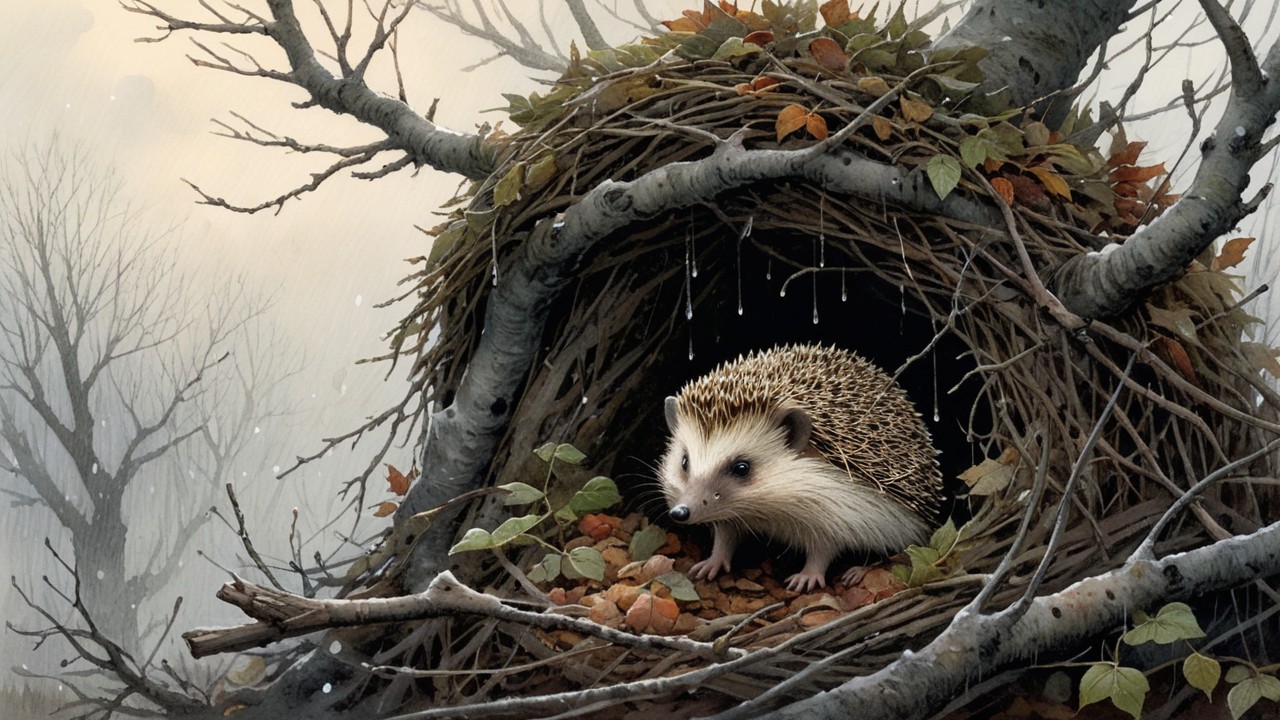 Hedgehog in Autumn Nest Amidst Misty Landscape