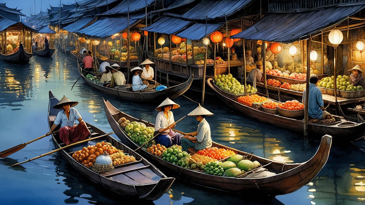 Twilight Floating Market with Colorful Lanterns