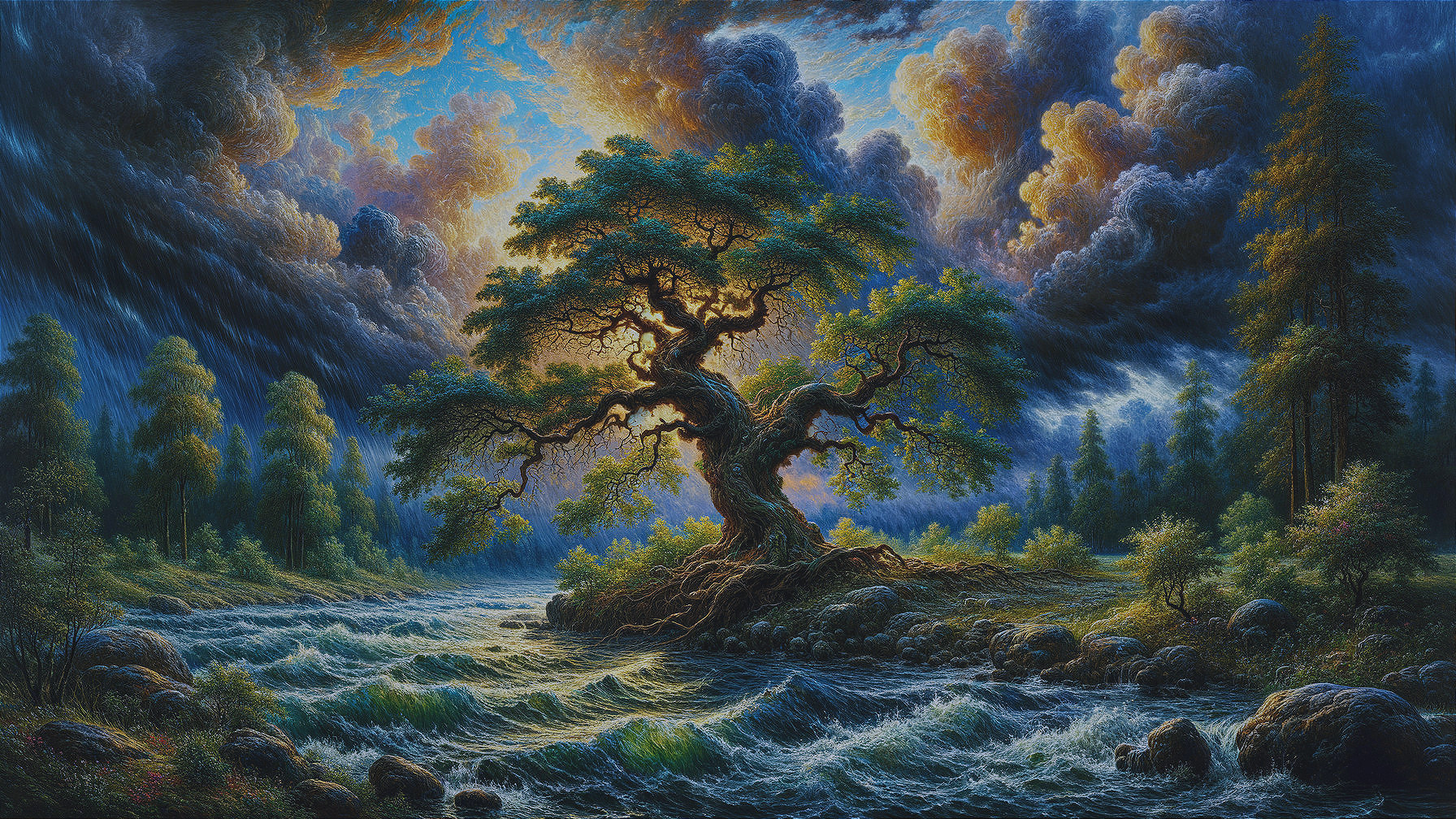 Solitary Tree by Turbulent River with Dramatic Skies