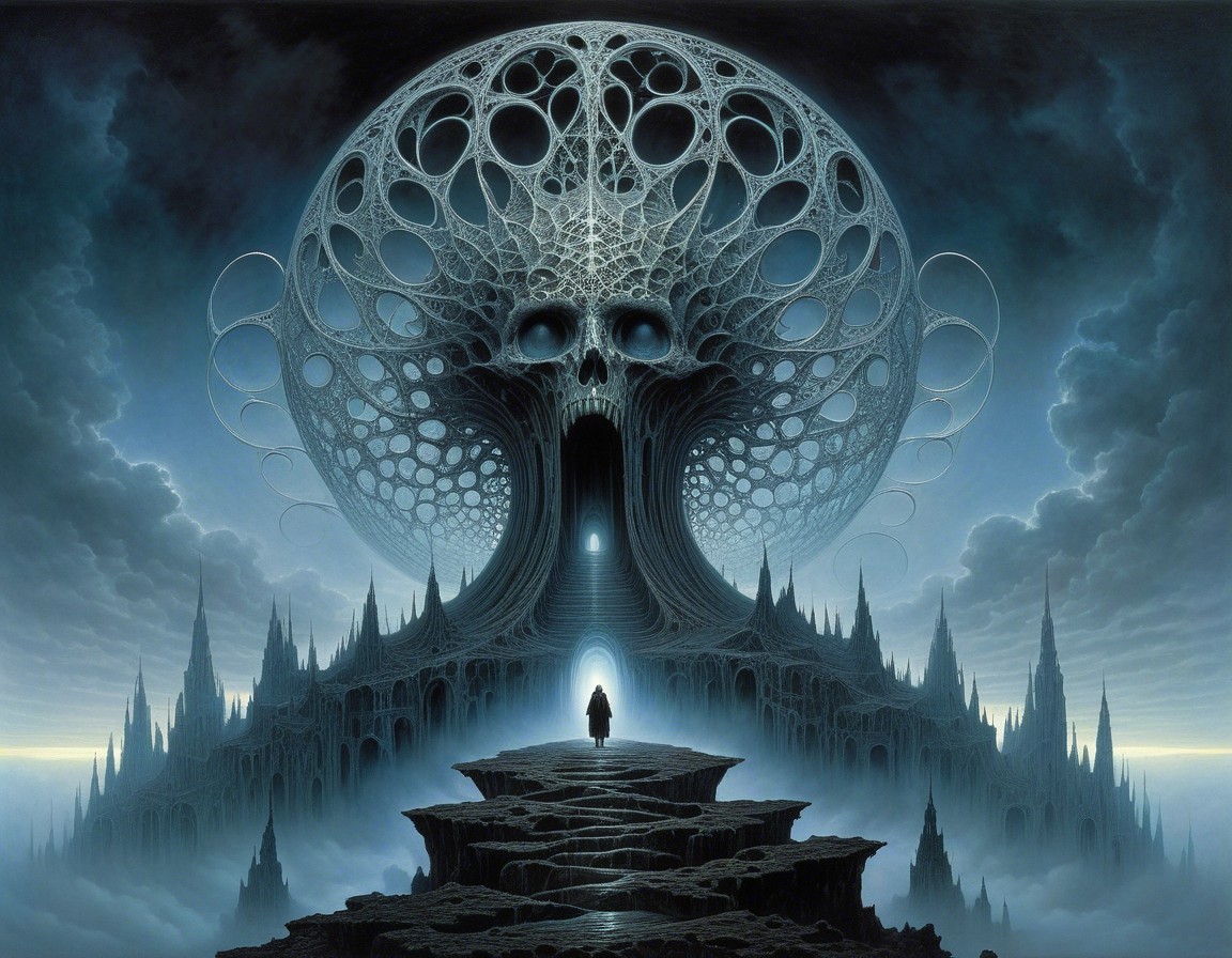 Surreal Landscape with Skull Structure and Glowing Entrance