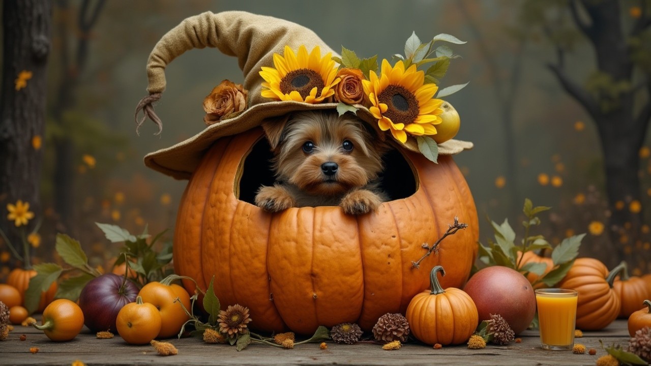 Yorkshire Terrier in Pumpkin with Witch Hat and Autumn Decor