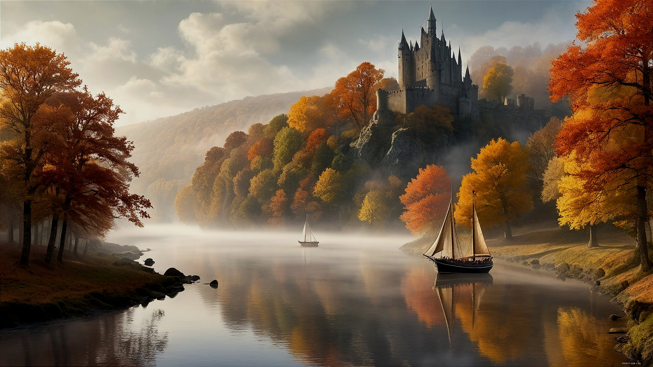 Autumn Landscape with Castle and Tranquil River