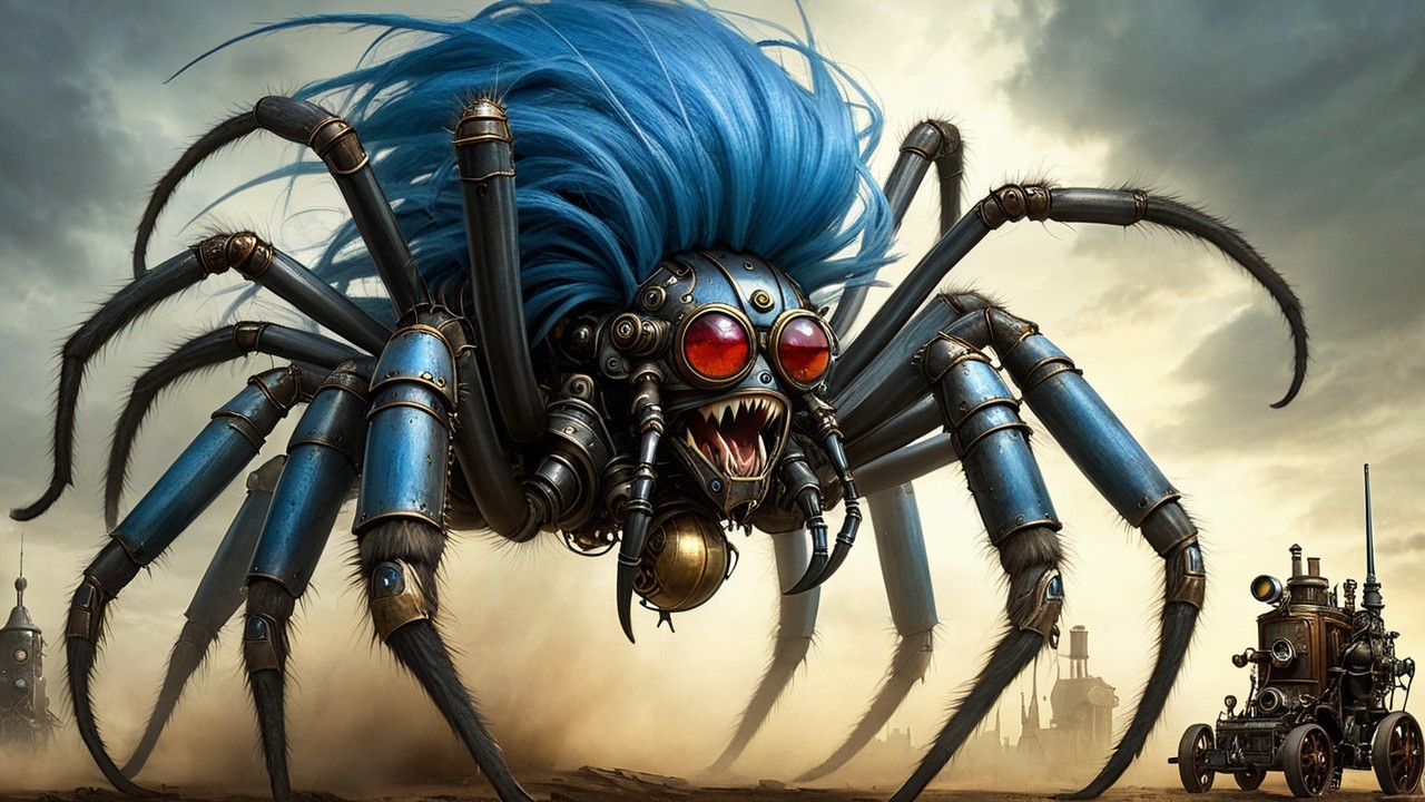 Mechanical Spider in Steampunk Landscape Setting