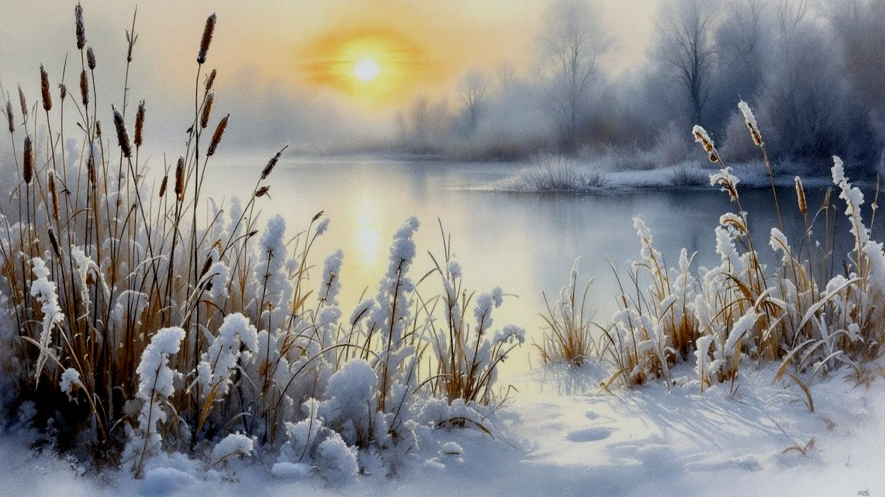 Tranquil Winter Landscape with River and Snowy Reeds