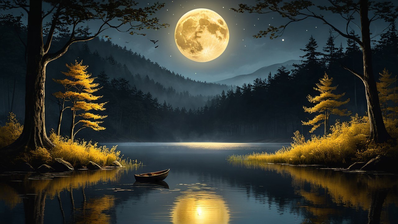 Serene Nighttime Lake Scene with Moon and Stars