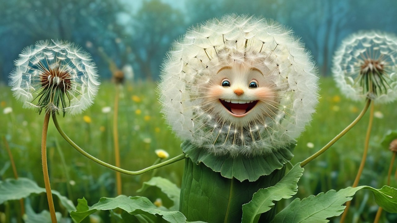 Whimsical Dandelion Character in Vibrant Green Field