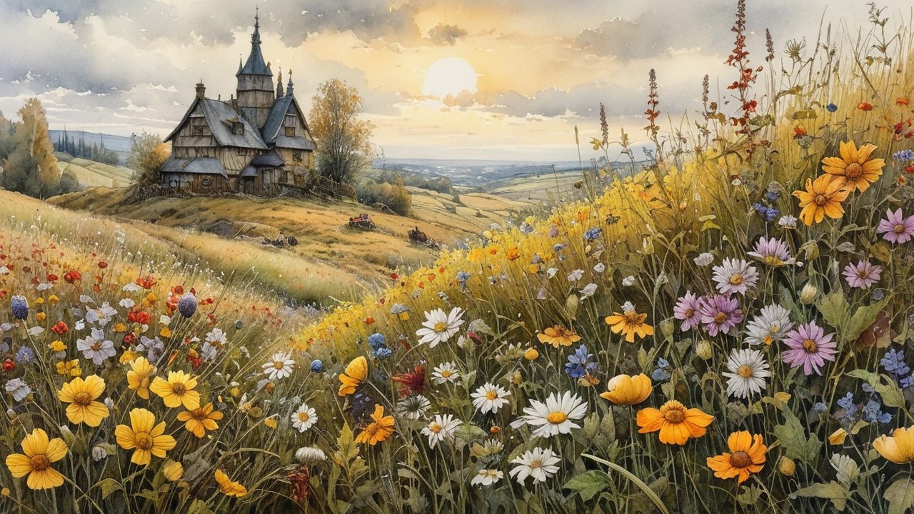 Charming Wooden House Surrounded by Vibrant Wildflowers