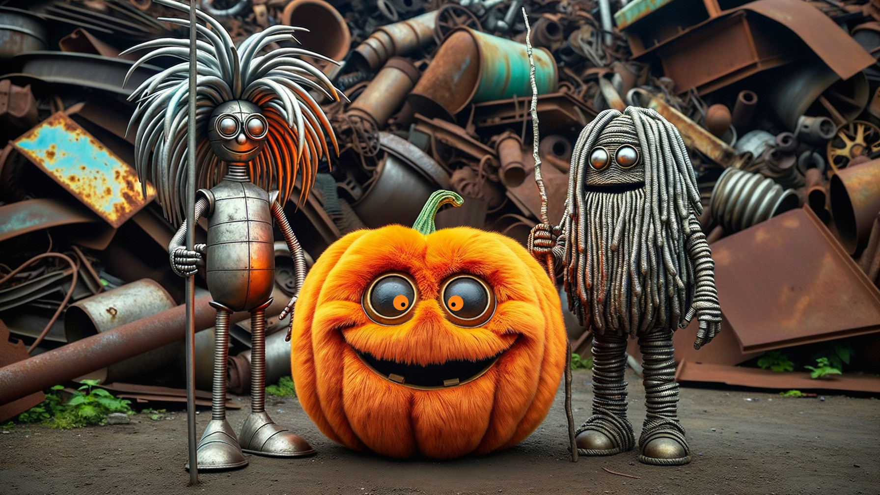 Whimsical Characters and Pumpkin in a Junkyard Setting