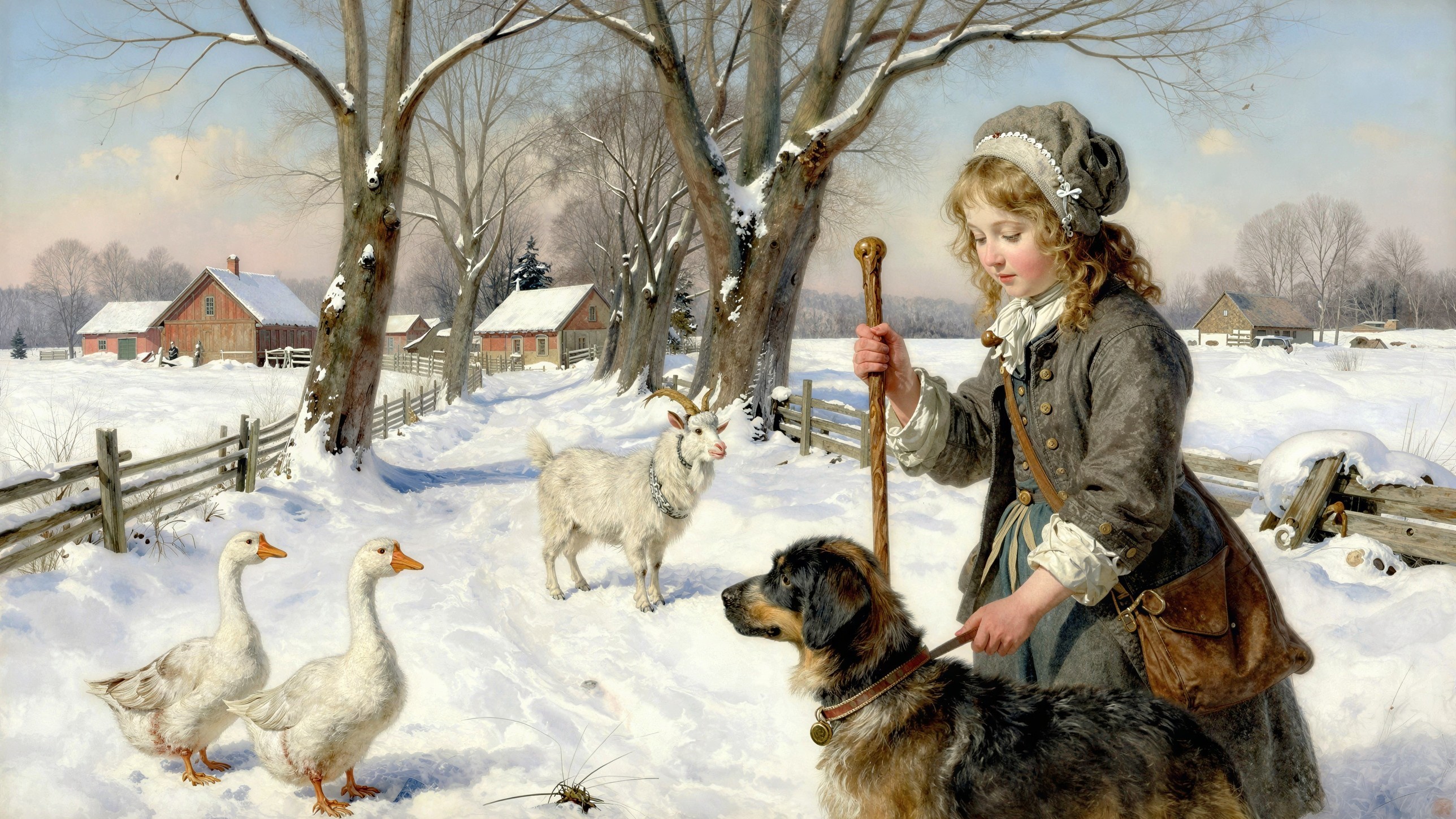 Winter Scene with Young Girl and Dog in Oil Painting