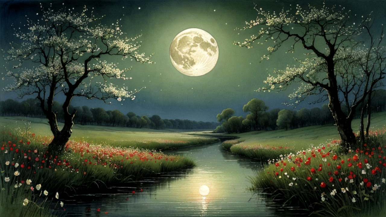 Serene Landscape with Full Moon and Cherry Blossoms