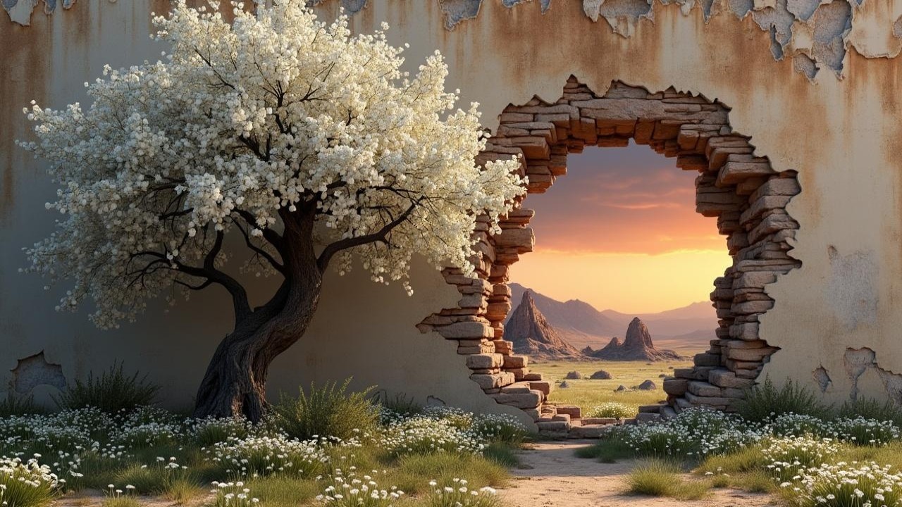 Weathered Wall with Circular Opening to Scenic Landscape