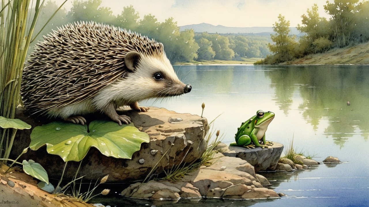 Hedgehog and Frog by a Tranquil Lake Landscape