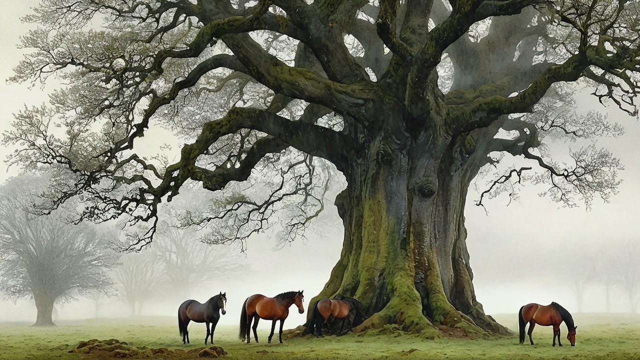 Majestic Tree with Horses in Misty Landscape