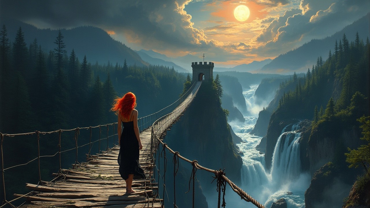 Woman in Black Dress on Wooden Bridge with Waterfall