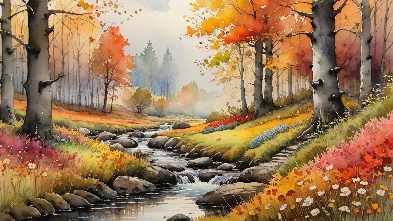 Autumn Landscape with Stream and Vibrant Foliage