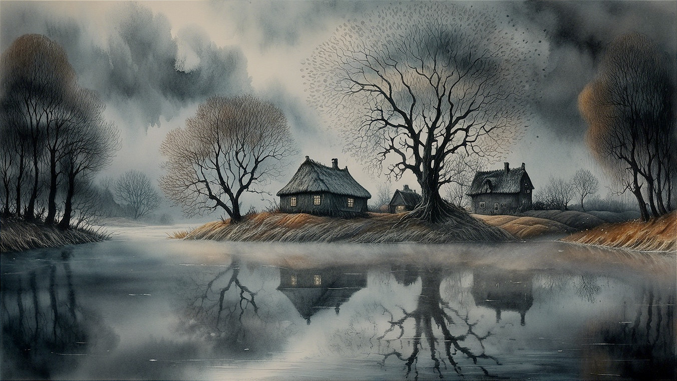 Serene Landscape with Cottages by Misty Lake