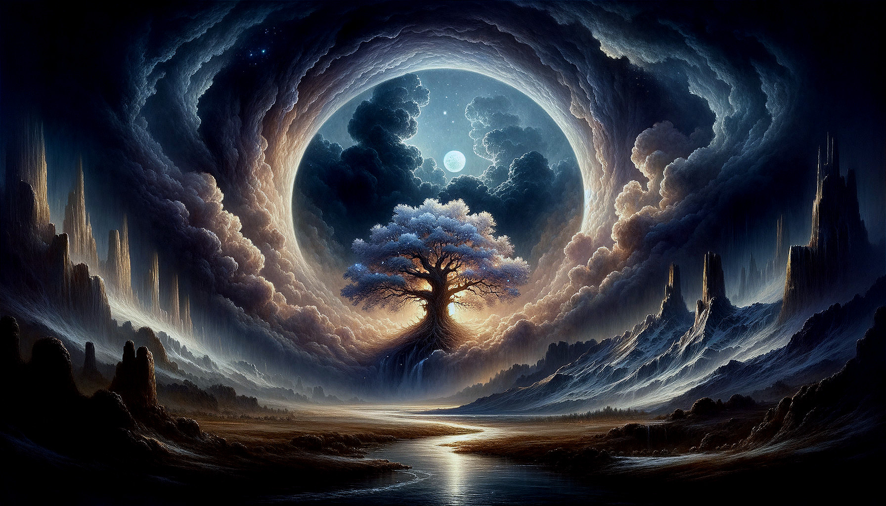 Surreal landscape with celestial formation, lone tree, moonlit sky, cliffs, and water pathway