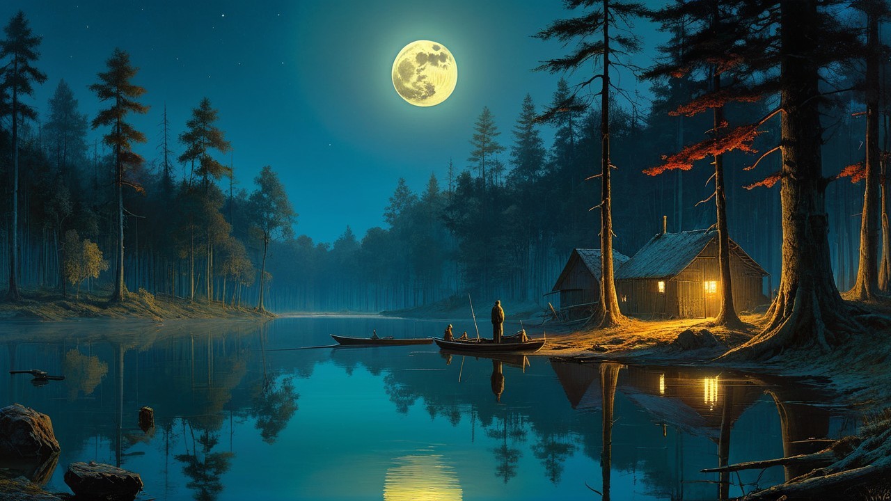 Moonlit Lake Scene with Cabin and Boat Under Stars