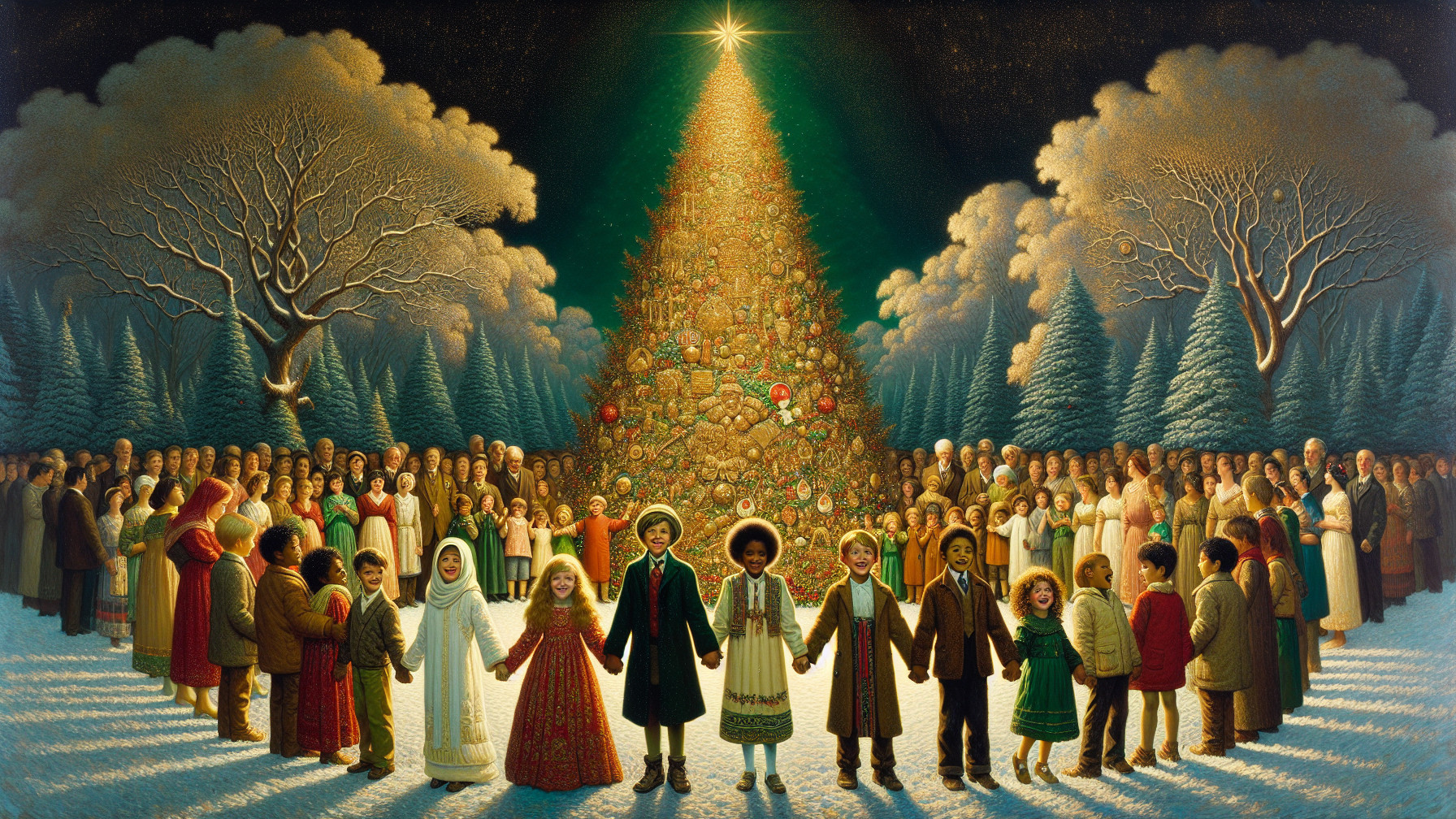 Winter Scene with People Around a Christmas Tree