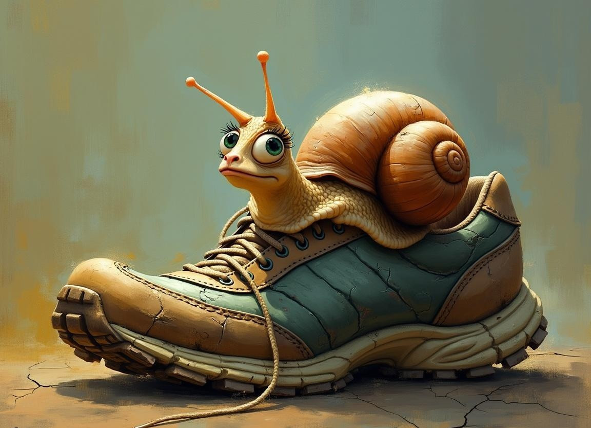 Cartoon Snail on Worn Sneaker with Turquoise Stripe