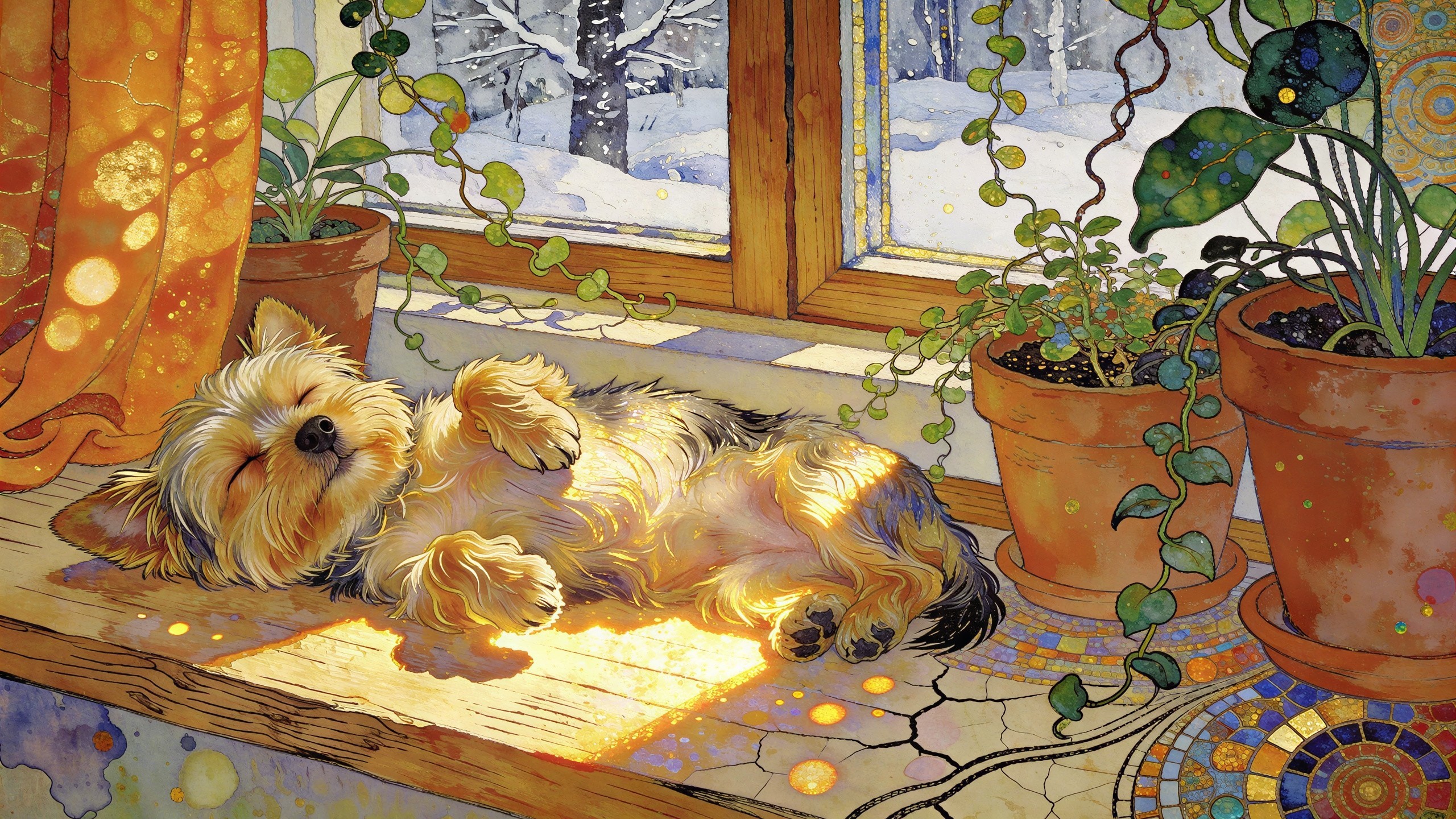 Watercolor of Yorkshire Terrier Sleeping on Windowsill
