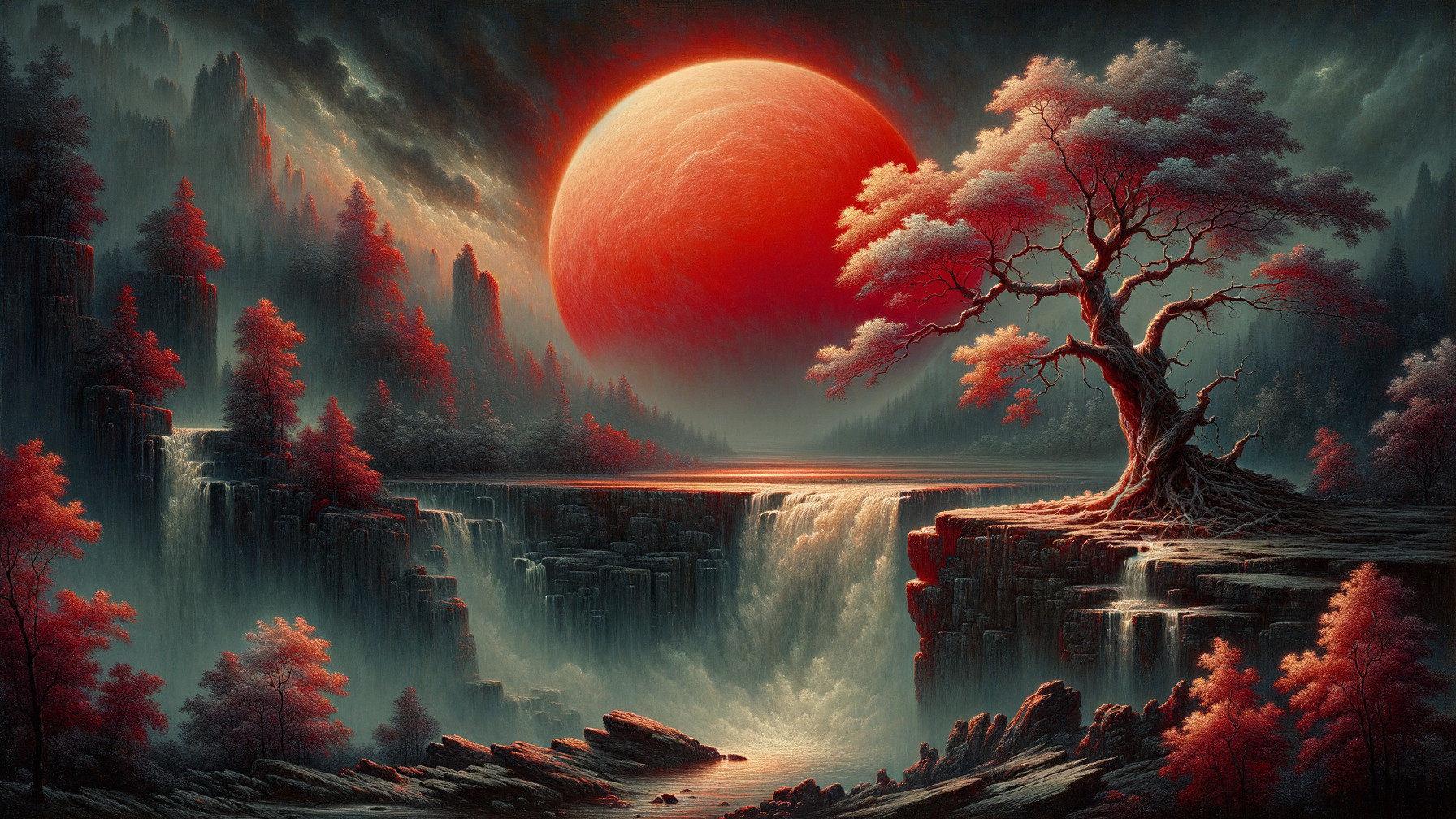 Dramatic Waterfall in Surreal Landscape with Red Planet