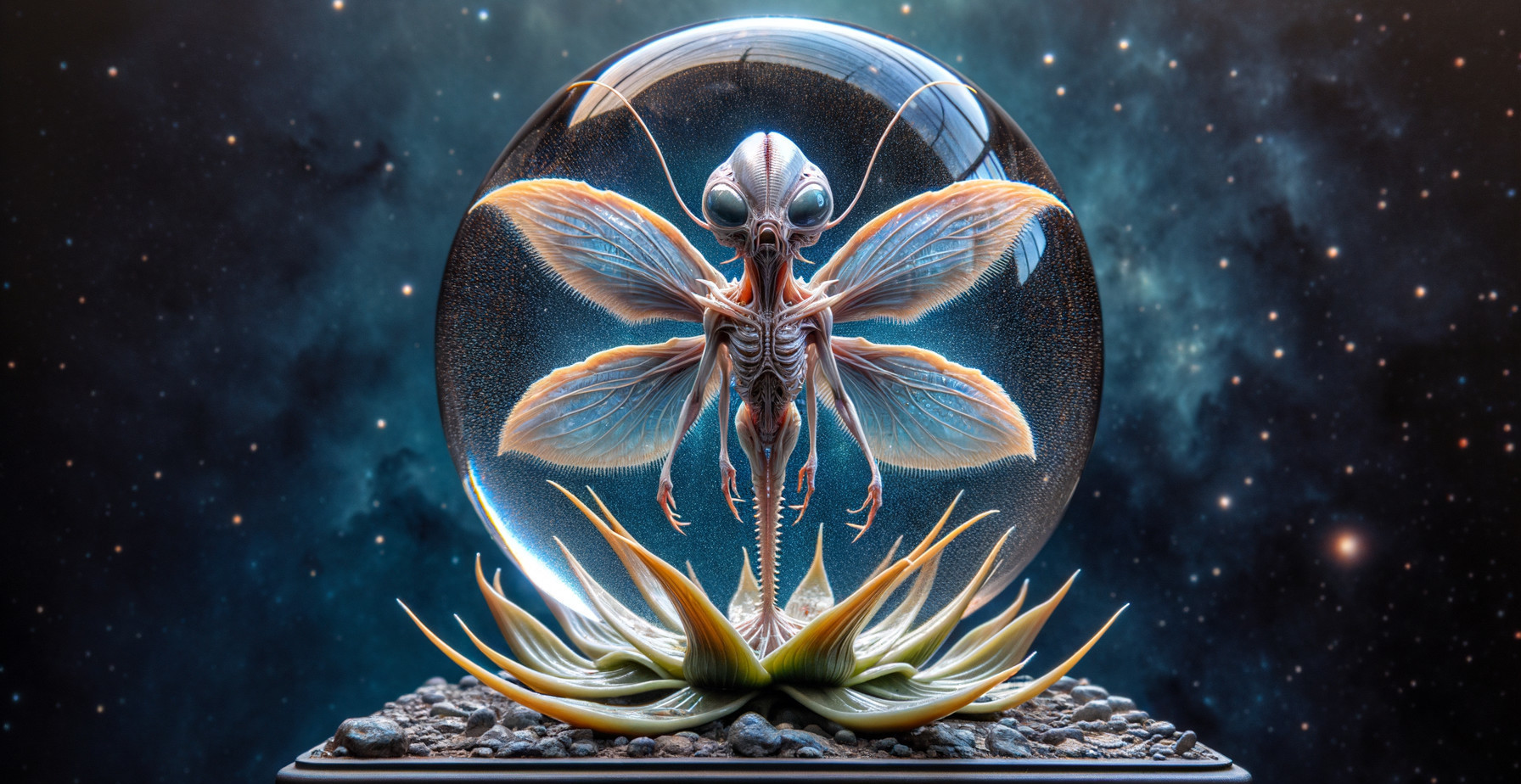 Fantastical Creature in Glass Dome with Cosmic Backdrop