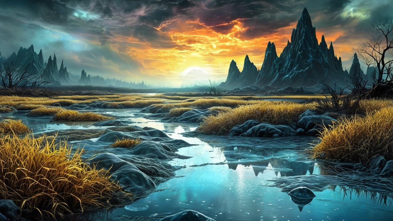 Dusk Landscape with Mountains and Vibrant Sunset