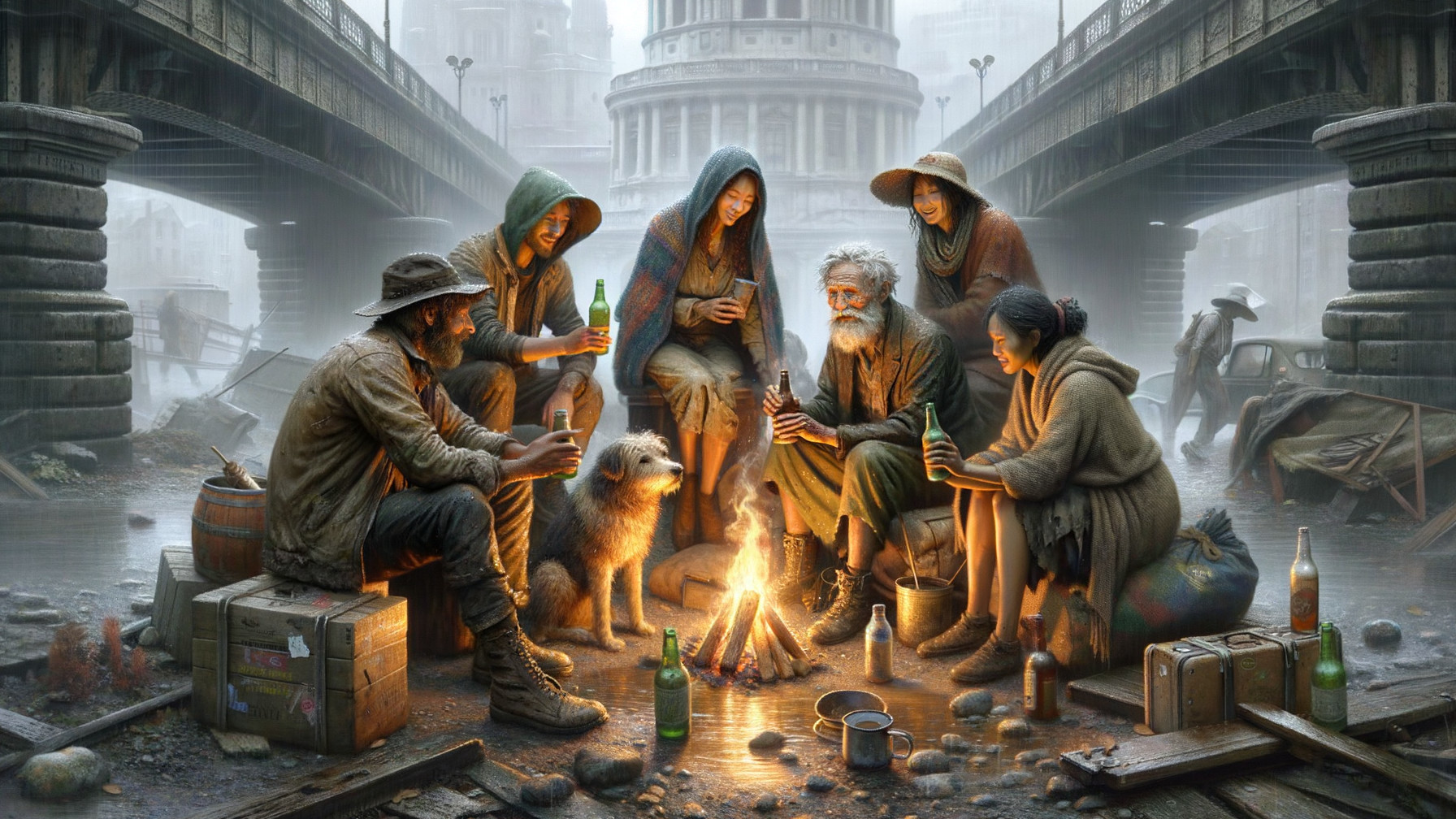 Group of Individuals Huddled Around Fire in Urban Setting
