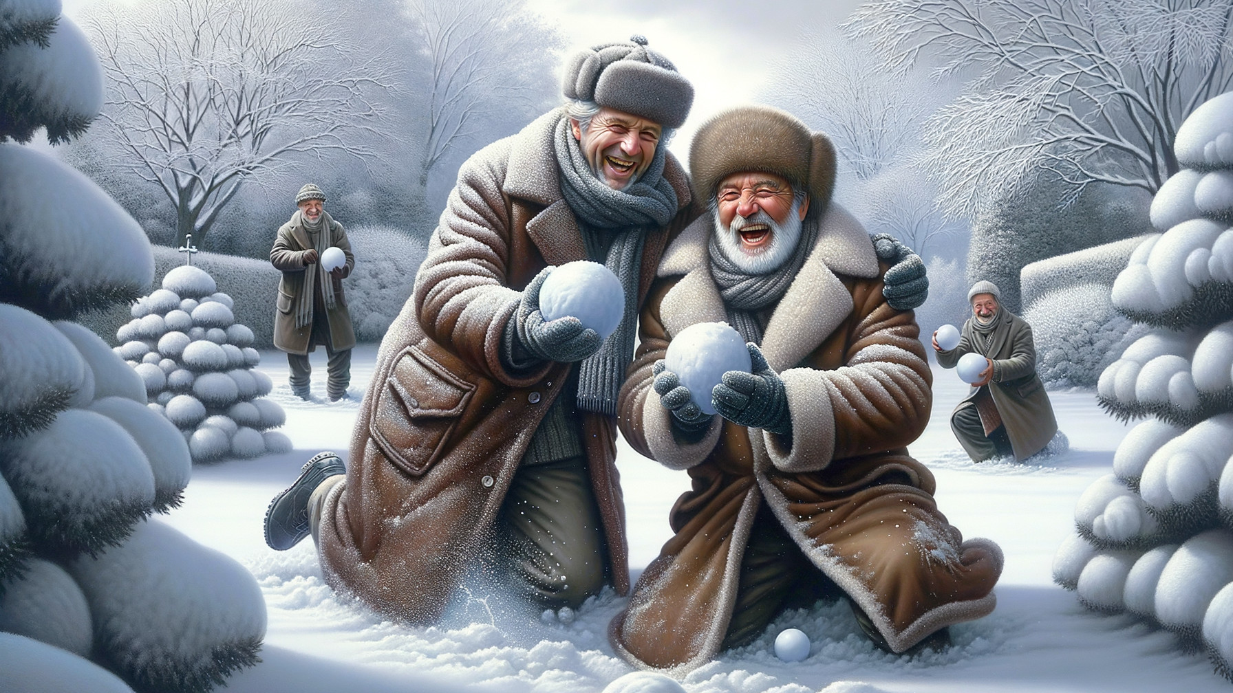 Cheerful Men in Snowy Landscape Preparing Snowballs