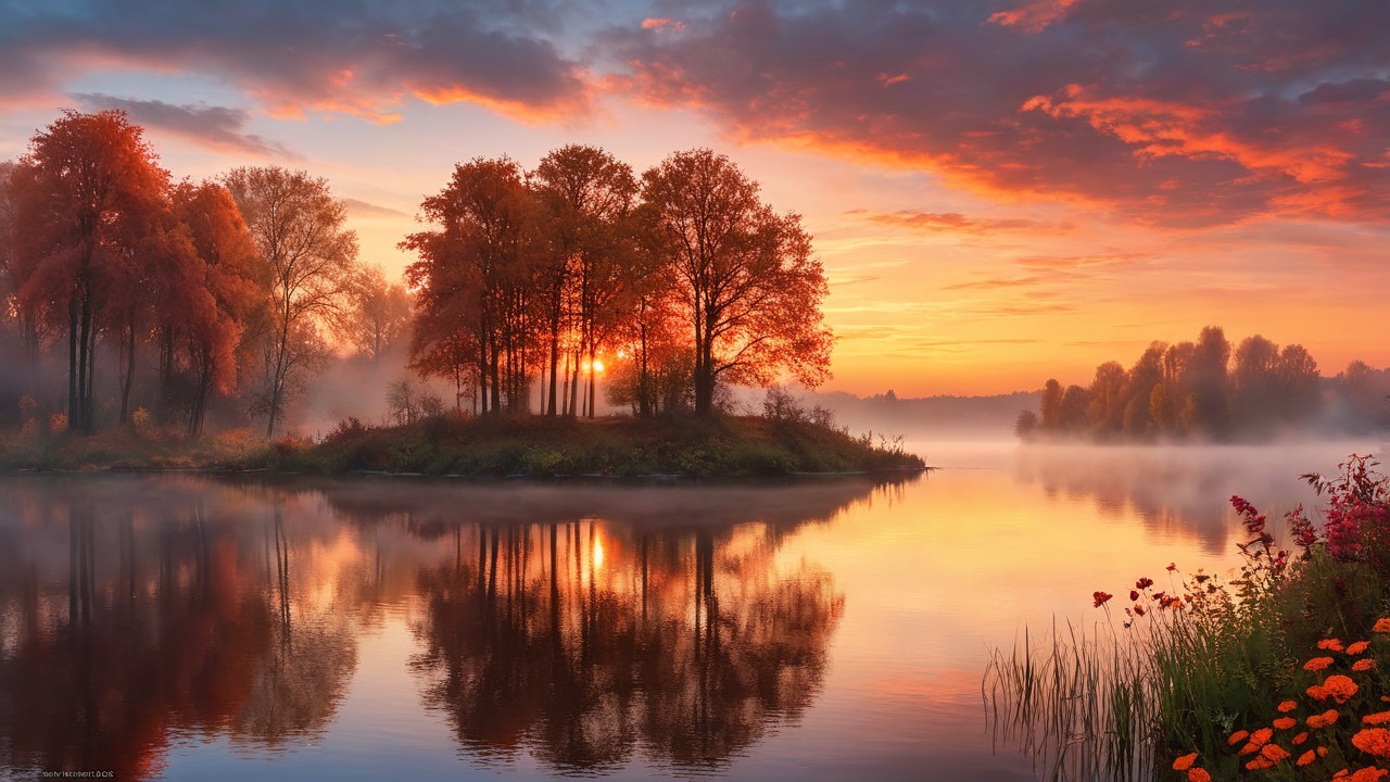 Serene Dawn Landscape with Lake and Colorful Flowers