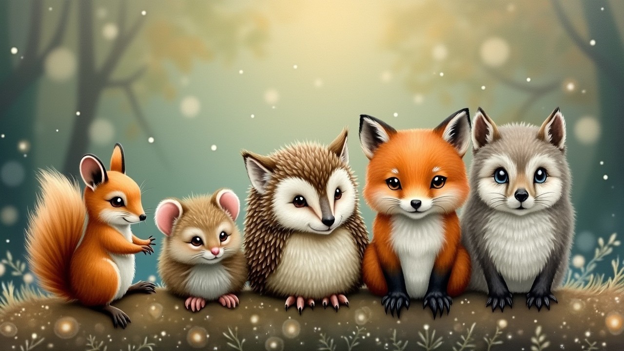 Woodland Animals Gathered on Mossy Forest Floor