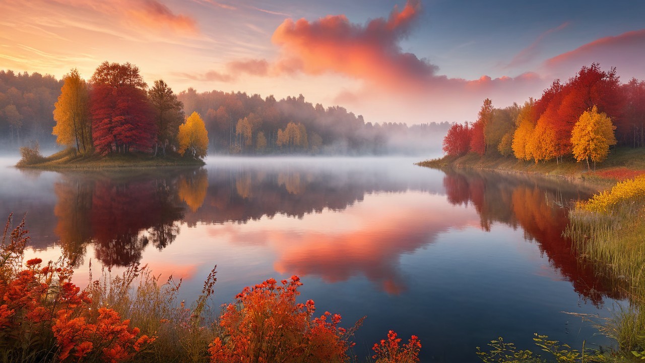 Tranquil Lake Surrounded by Autumn Foliage and Fog