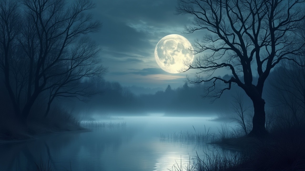 Serene Night Landscape with Moonlit River and Trees