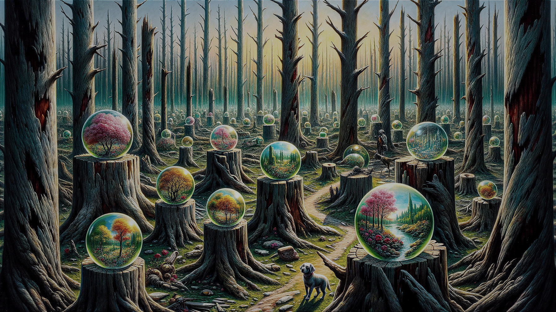 Mystical Forest with Tree Stumps and Glass Orbs