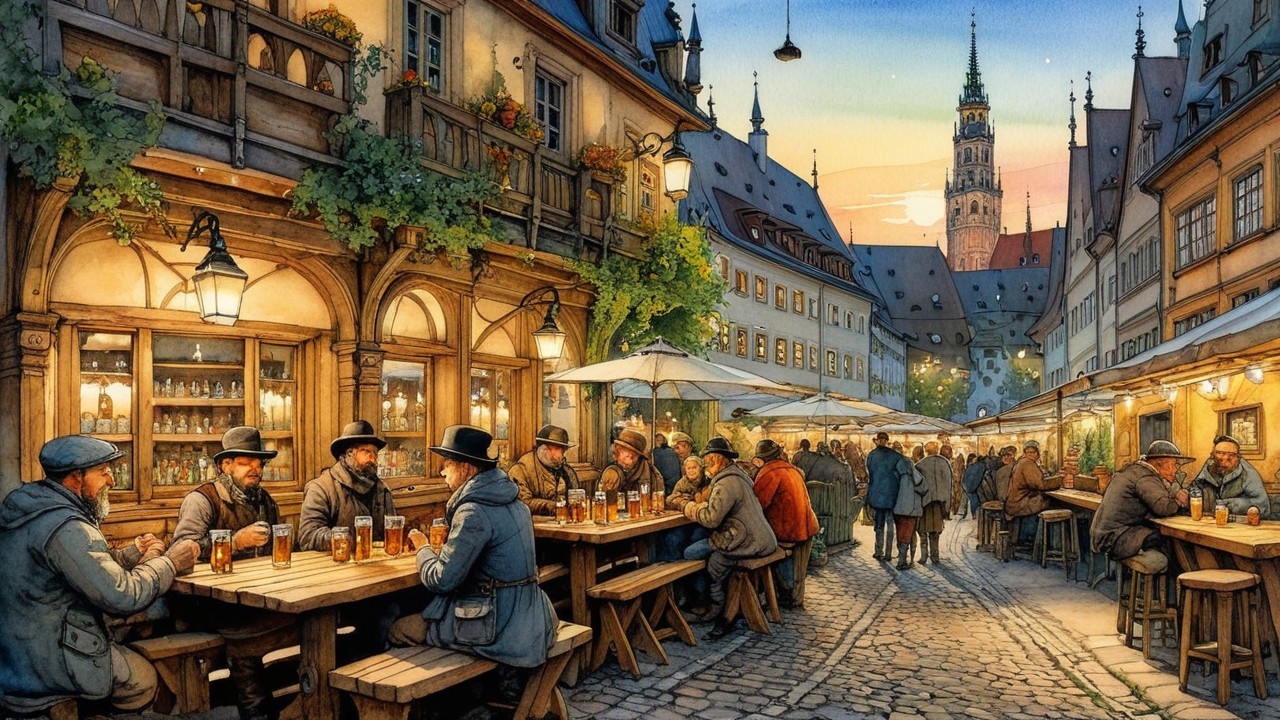 Charming Cobblestone Street Evening Scene with Sunset