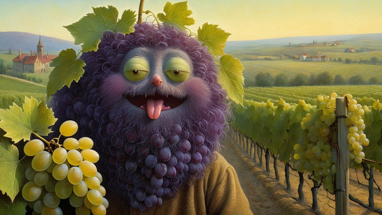 Cartoonish grape character in a vibrant vineyard setting