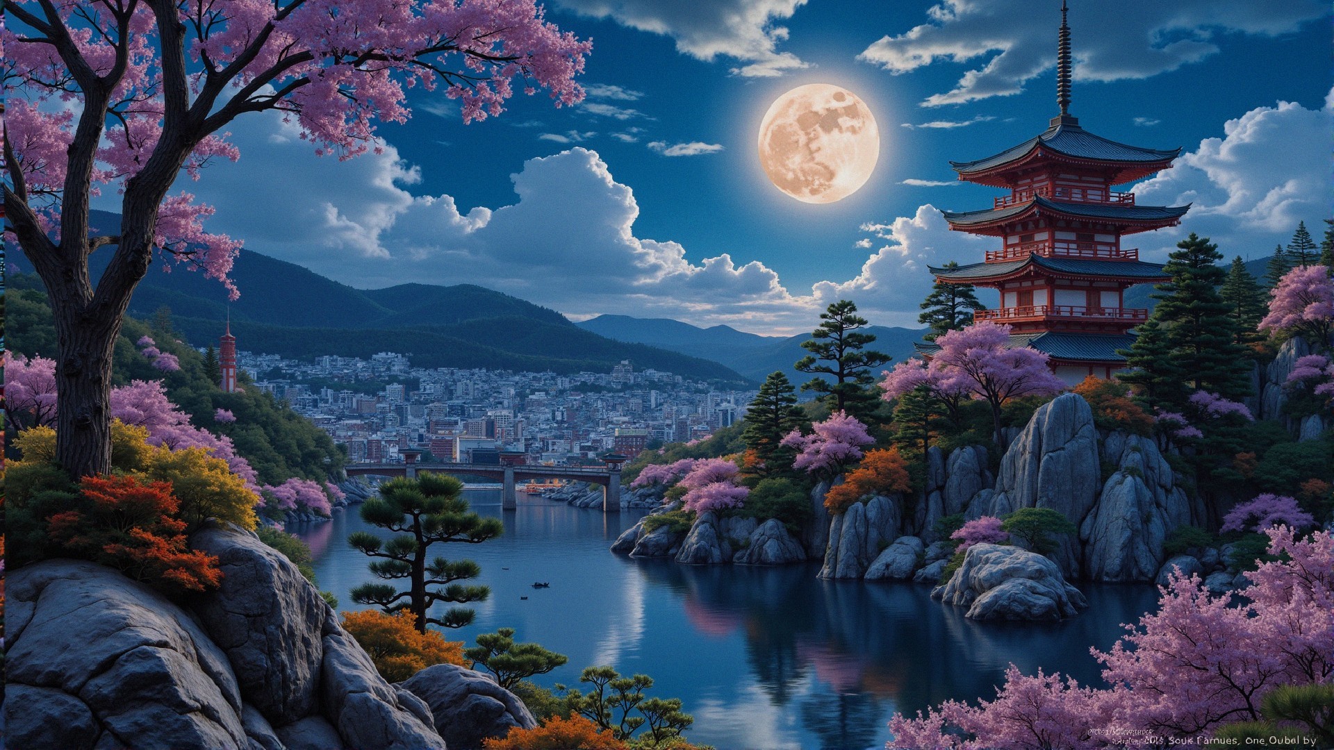 Tranquil River and Cherry Blossoms Under Full Moon