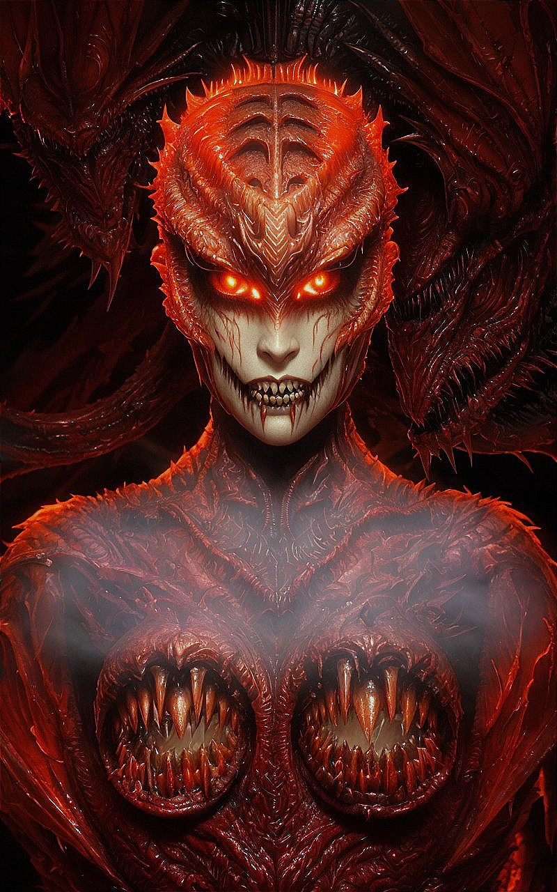 Hybrid creature with dragon scales and glowing eyes