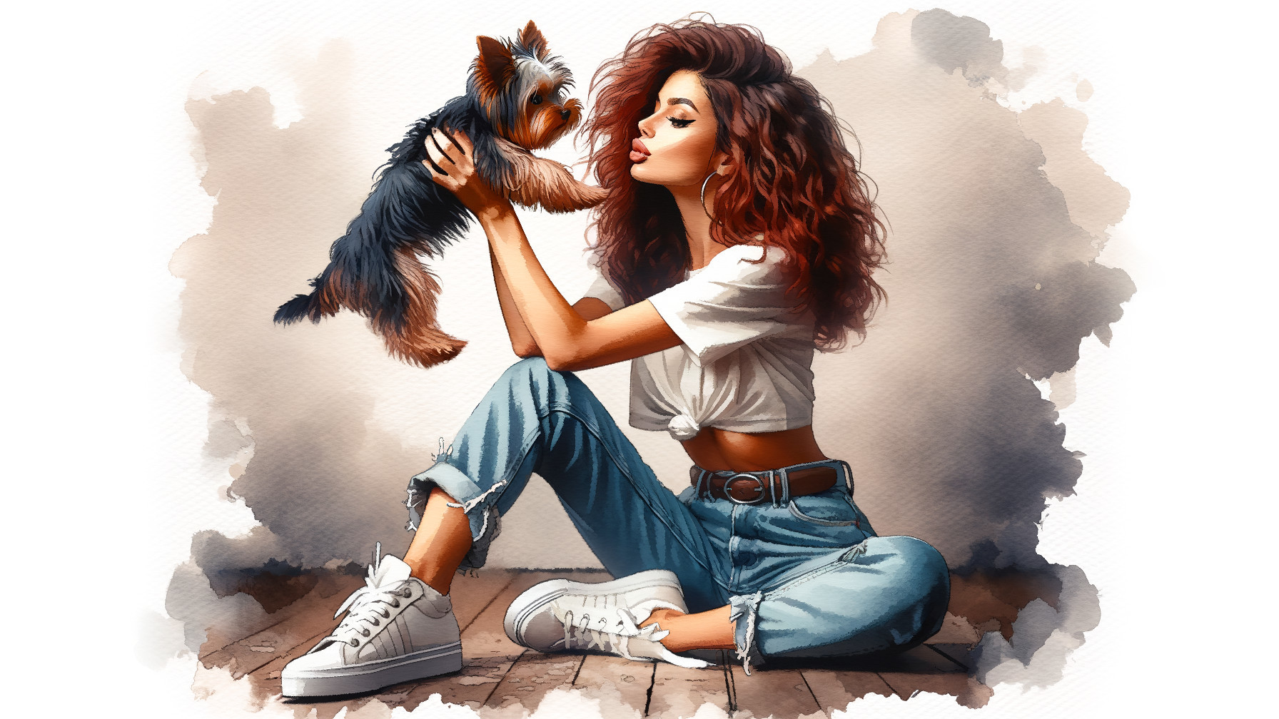 Young woman with Yorkshire Terrier on wooden floor