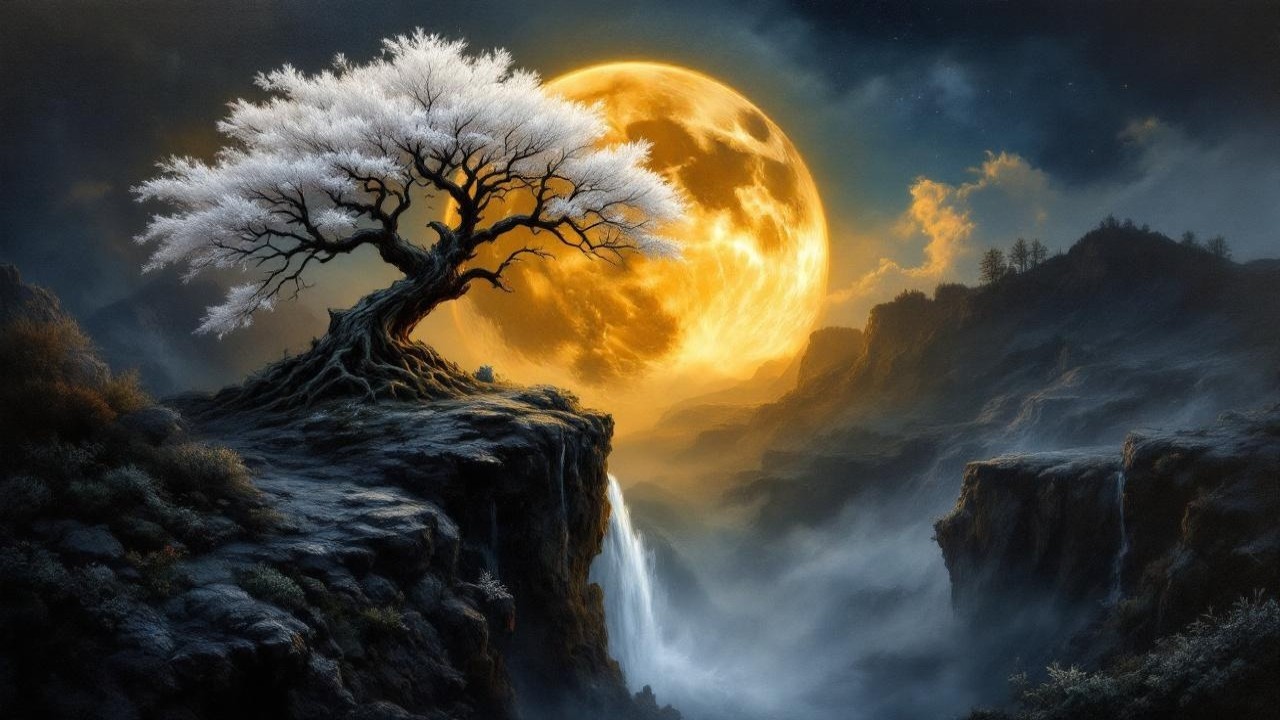 Mystical Landscape with Gnarled Tree and Waterfall