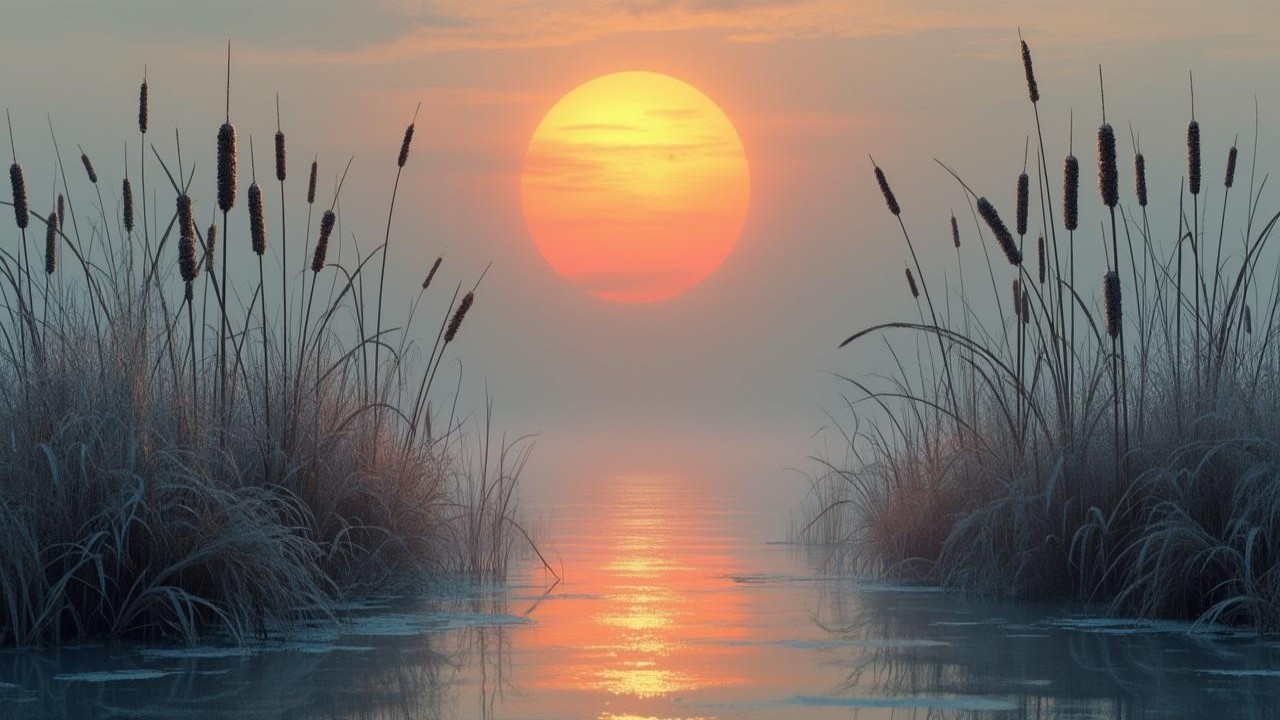 Tranquil Sunset Over Water with Grasses and Mist