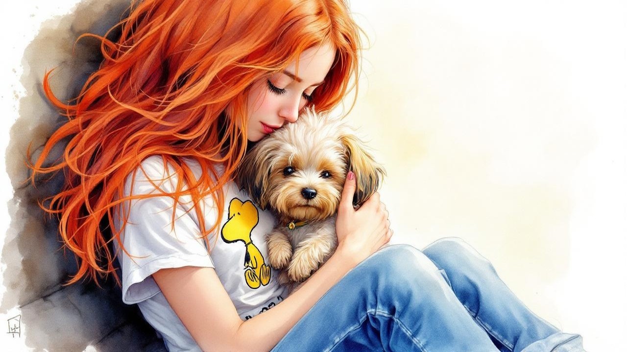 Young woman with red hair holding a fluffy dog