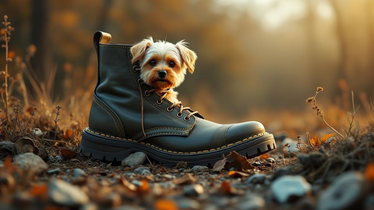 Small dog inside a large boot in autumn setting