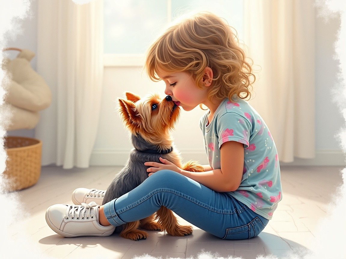 Young girl and Yorkshire Terrier in sunlit room